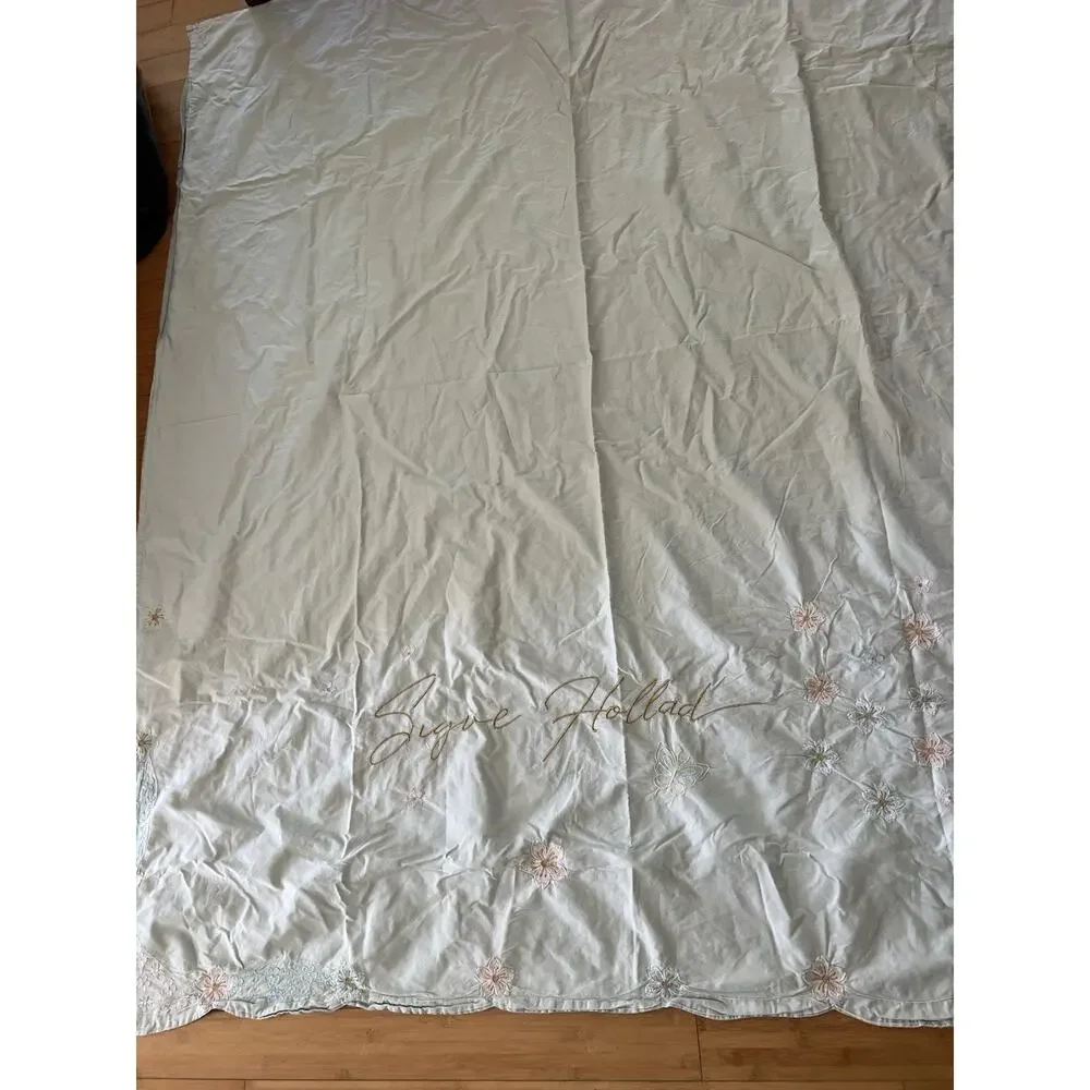 Vintage Floral Embroidered Flowers Butterfly Cotton Full Duvet Cover Scallop Edg